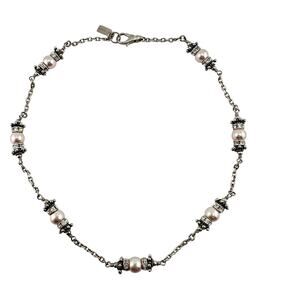 925 Sterling Silver MADIS Faux Pearl Rhinestone Beaded Station 16" Necklace